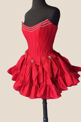 Princess A Line Strapless Red Corset Homecoming Dress with Bowknot
