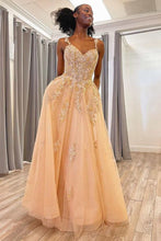 Load image into Gallery viewer, Charming A Line Spaghetti Straps Champagne Long Prom Dress with Appliques