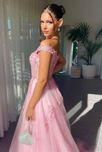 Load image into Gallery viewer, Charming A Line Off the Shoulder Pink Long Prom Dress with Appliques