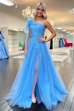 Load image into Gallery viewer, Charming A Line One Shoulder Blue Long Prom Dress with Appliques