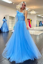 Load image into Gallery viewer, Charming A Line One Shoulder Blue Long Prom Dress with Appliques