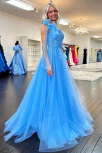 Load image into Gallery viewer, Charming A Line One Shoulder Blue Long Prom Dress with Appliques