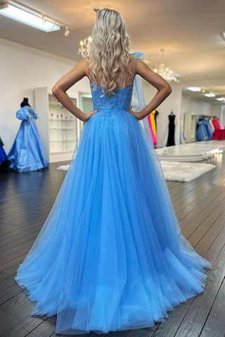 Charming A Line One Shoulder Blue Long Prom Dress with Appliques