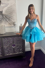 Load image into Gallery viewer, Stylish A Line Spaghetti Straps Blue Short Homecoming Dress with Beading