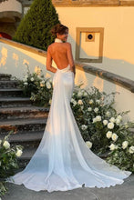 Load image into Gallery viewer, Elegant Mermaid Halter Neck White Long Bridal Dress with Sweep Train