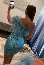 Load image into Gallery viewer, Glitter One-Shoulder Sequins Homecoming Dress With Feather