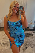 Load image into Gallery viewer, Sparkly Sheath Square Neck Blue Short Homecoming Dress with Beading