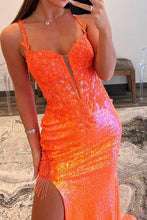 Load image into Gallery viewer, Gorgeous Mermaid Spaghetti Straps Orange Sequins Long Prom Dress with Appliques