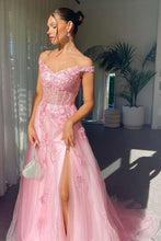 Load image into Gallery viewer, Charming A Line Off the Shoulder Pink Long Prom Dress with Appliques
