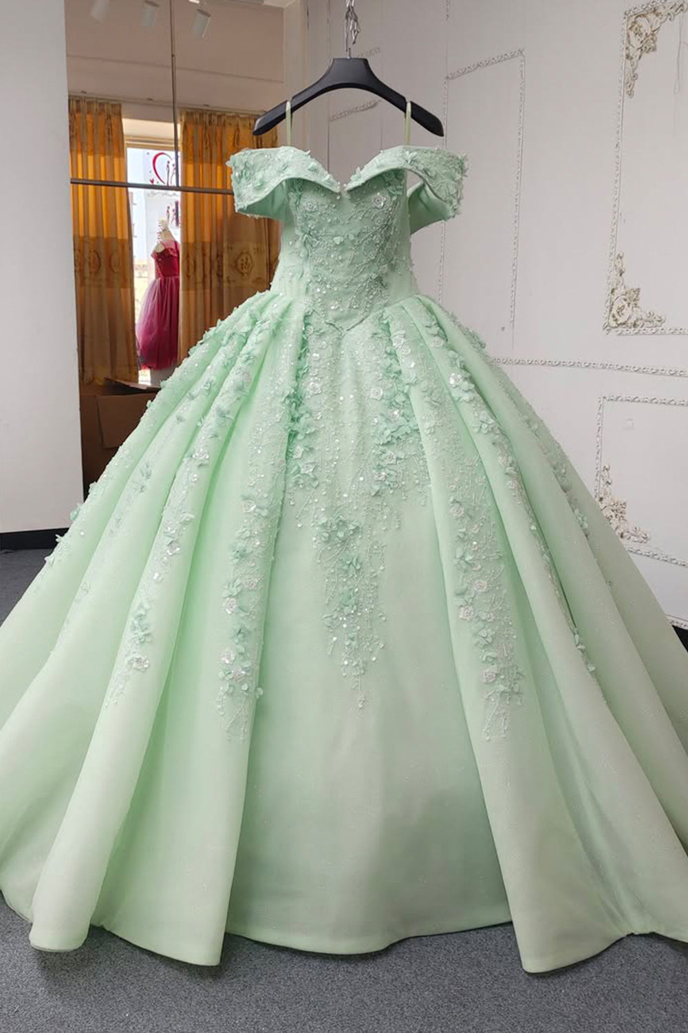 Princess A Line Off the Shoulder Green Ball Gown Quinceanera Dress with Beading Appliques