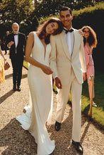 Load image into Gallery viewer, Elegant Mermaid Deep V Neck White Long Bridal Dress with Open Back