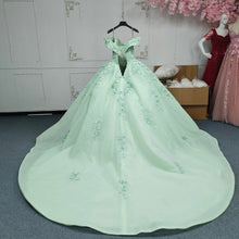 Load image into Gallery viewer, Princess A Line Off the Shoulder Green Ball Gown Quinceanera Dress with Beading Appliques