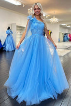 Load image into Gallery viewer, Charming A Line One Shoulder Blue Long Prom Dress with Appliques