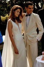 Load image into Gallery viewer, Elegant Mermaid Deep V Neck White Long Bridal Dress with Open Back