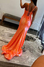Load image into Gallery viewer, Gorgeous Mermaid Spaghetti Straps Orange Sequins Long Prom Dress with Appliques