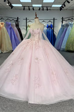 Load image into Gallery viewer, Elegant A Line Spaghetti Straps Pink Ball Gown Quinceanera Dress with Appliques Beading