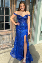 Load image into Gallery viewer, Sparkly Mermaid Off the Shoulder Silver Corset Prom Dress with Split Front
