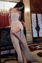 Load image into Gallery viewer, Elegant Mermaid Off the Shoulder Silver Sequins Long Prom Dress with Split Front