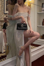 Load image into Gallery viewer, Elegant Mermaid Off the Shoulder Silver Sequins Long Prom Dress with Split Front