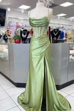 Load image into Gallery viewer, Trendy Mermaid Spaghetti Straps Green Corset Prom Dress with Split Front