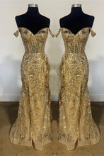 Load image into Gallery viewer, Sparkly Mermaid Off the Shoulder Silver Corset Prom Dress with Split Front