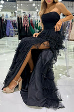 Load image into Gallery viewer, Princess A Line Strapless Black Long Prom Dress with Ruffles