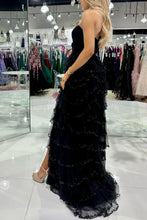 Load image into Gallery viewer, Princess A Line Strapless Black Long Prom Dress with Ruffles