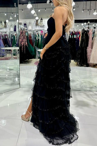 Princess A Line Strapless Black Long Prom Dress with Ruffles