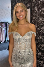 Load image into Gallery viewer, Sparkly Mermaid Off the Shoulder Silver Corset Prom Dress with Split Front