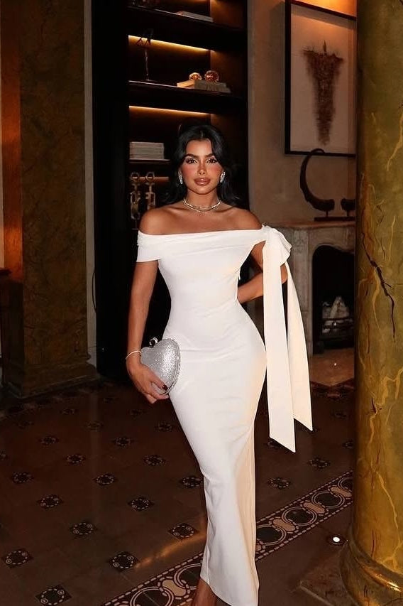 Elegant Mermaid Off the Shoulder White Long Party Dress with Bowknot