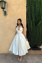 Load image into Gallery viewer, Simple A Line V Neck White Tea Length Party Dress with Corset