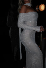 Load image into Gallery viewer, Sparkly Mermaid Off the Shoulder Silver Sequins Long Party Dress