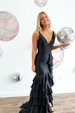 Load image into Gallery viewer, Sage Green Mermaid V-Neck Long Satin Prom Dress With Ruffle Skirt