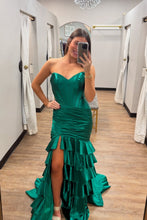 Load image into Gallery viewer, Royal Blue Mermaid Strapless Long Ruffle Satin Prom Dress with Slit