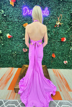 Load image into Gallery viewer, Light Blue Mermaid Halter Neck Backless Long Satin Prom Dress With Bowknot