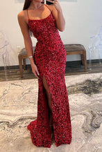 Load image into Gallery viewer, Sparkly Mermaid Spaghetti Straps Navy Sequins Long Prom Dress with Split Front