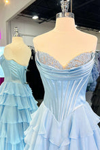 Load image into Gallery viewer, Stunning A-Line Sweetheart Satin Top Long Tiered Chiffon Prom Dress with Slit