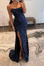 Load image into Gallery viewer, Sparkly Mermaid Spaghetti Straps Navy Sequins Long Prom Dress with Split Front