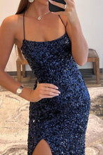 Load image into Gallery viewer, Sparkly Mermaid Spaghetti Straps Navy Sequins Long Prom Dress with Split Front