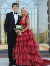 Load image into Gallery viewer, Cute Pink Princess A Line Deep V-Neck Long Tiered Prom Dress With Split