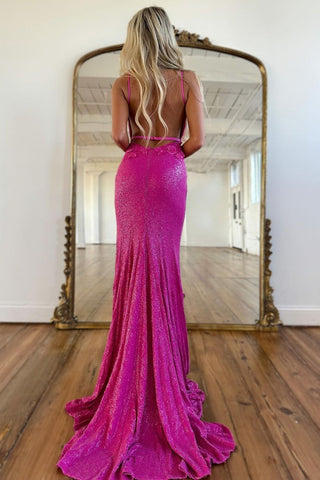 Glitter Fuchsia Spaghetti Straps Open Back Long Sequin Prom Dress With Split