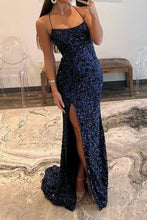 Load image into Gallery viewer, Sparkly Mermaid Spaghetti Straps Navy Sequins Long Prom Dress with Split Front