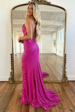 Load image into Gallery viewer, Glitter Fuchsia Spaghetti Straps Open Back Long Sequin Prom Dress With Split