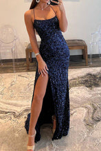 Load image into Gallery viewer, Sparkly Mermaid Spaghetti Straps Navy Sequins Long Prom Dress with Split Front