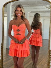 Load image into Gallery viewer, Sparkly A Line Sweetheart Orange Short Homecoming Dress with Beading Keyhole