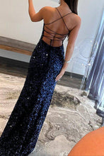 Load image into Gallery viewer, Sparkly Mermaid Spaghetti Straps Navy Sequins Long Prom Dress with Split Front