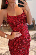 Load image into Gallery viewer, Sparkly Mermaid Spaghetti Straps Navy Sequins Long Prom Dress with Split Front