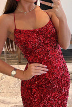 Load image into Gallery viewer, Sparkly Mermaid Spaghetti Straps Navy Sequins Long Prom Dress with Split Front