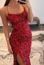 Load image into Gallery viewer, Sparkly Mermaid Spaghetti Straps Navy Sequins Long Prom Dress with Split Front