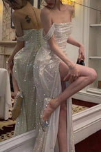 Load image into Gallery viewer, Elegant Mermaid Off the Shoulder Silver Sequins Long Prom Dress with Split Front